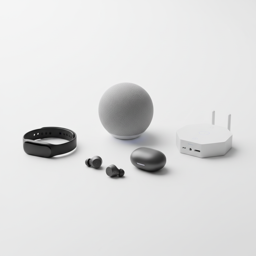 Collection of premium electronics and gadgets including wireless earbuds, smart speaker, fitness tracker, and home automation hub