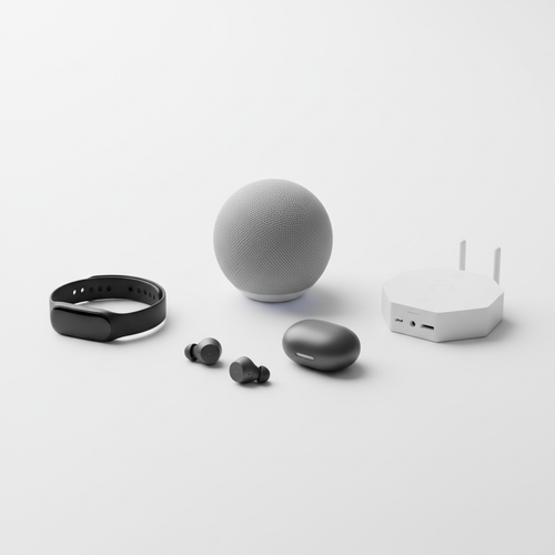 Collection of premium electronics and gadgets including wireless earbuds, smart speaker, fitness tracker, and home automation hub